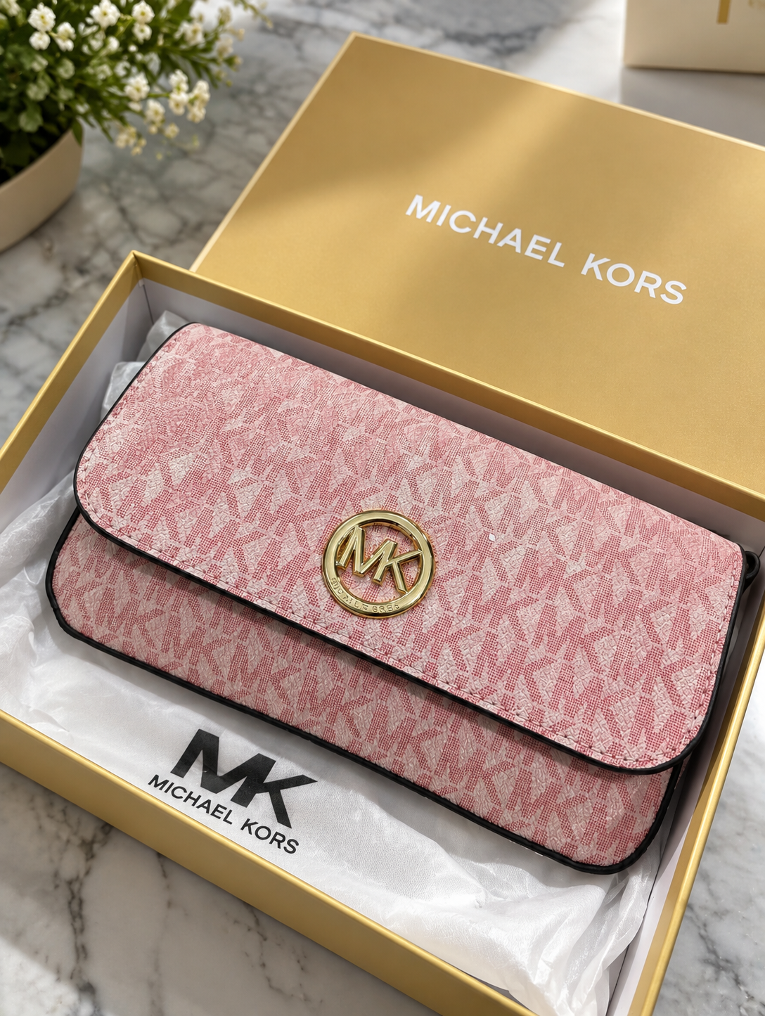Pink MK Monogram Continental Wallet – Elegant & Stylish