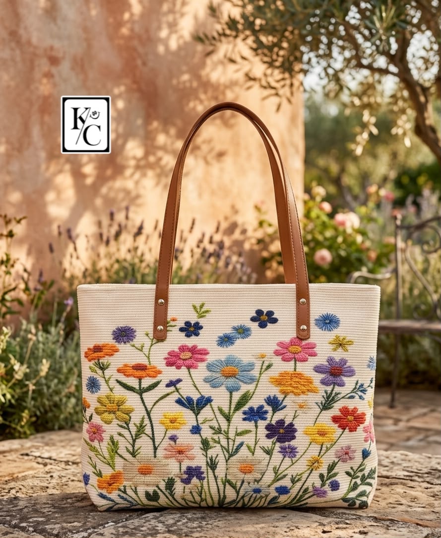 Multicolor Garden Floral Embroidered Canvas Tote Bag
