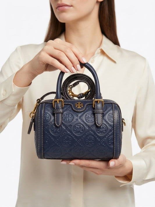 To_y Burch Mini Embossed Leather Duffle Crossbody Bag with Top Handles