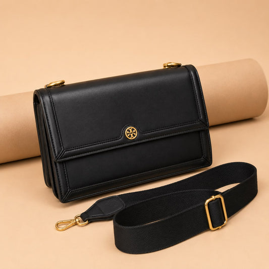 To_y Burch Classic Leather Flap Crossbody Bag – Black