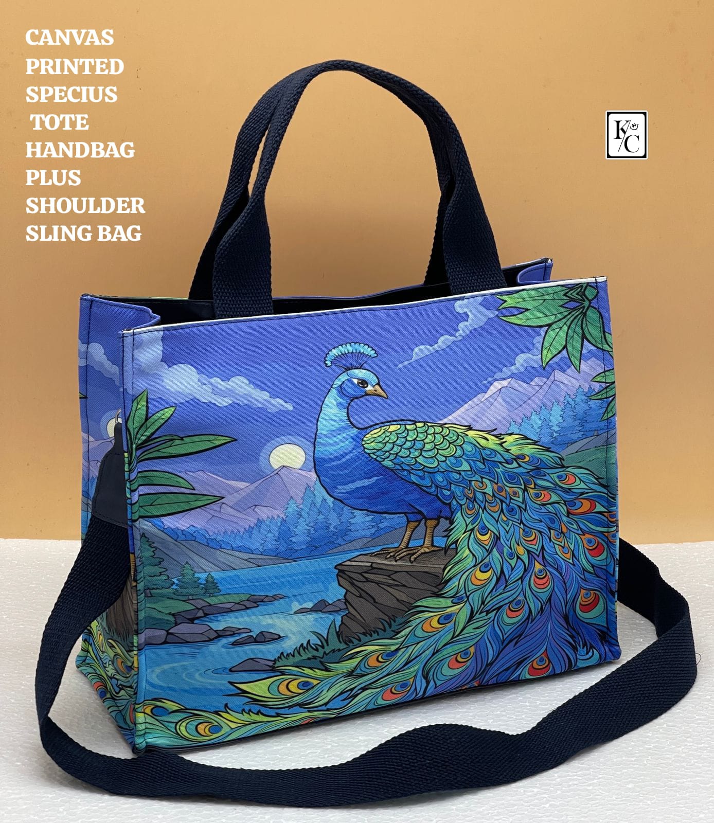 Peacock Art Printed Canvas Tote Handbag with Shoulder Sling Strap