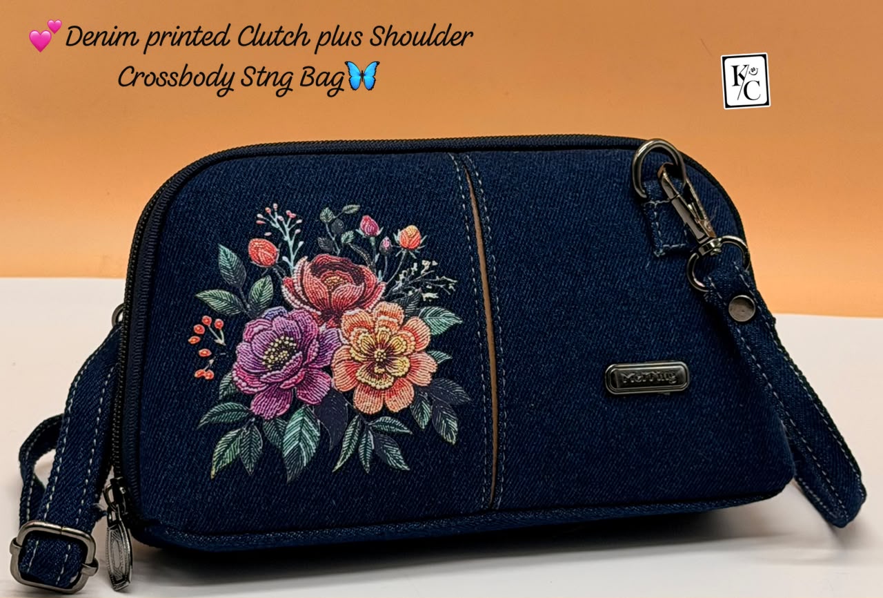 Floral Printed Denim Crossbody Sling Bag & Clutch