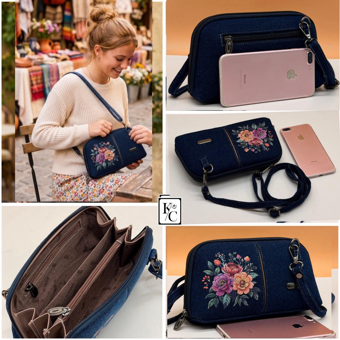 Floral Printed Denim Crossbody Sling Bag & Clutch