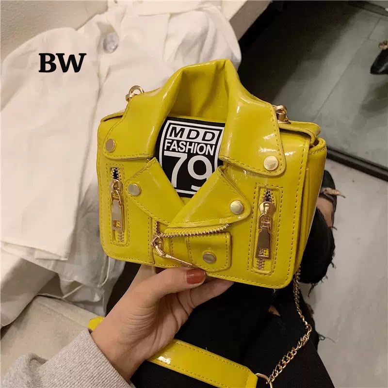 Biker Jacket Shaped Mini Shoulder Bag with Gold Chain
