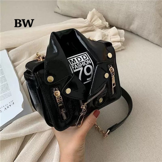 Biker Jacket Shaped Mini Shoulder Bag with Gold Chain