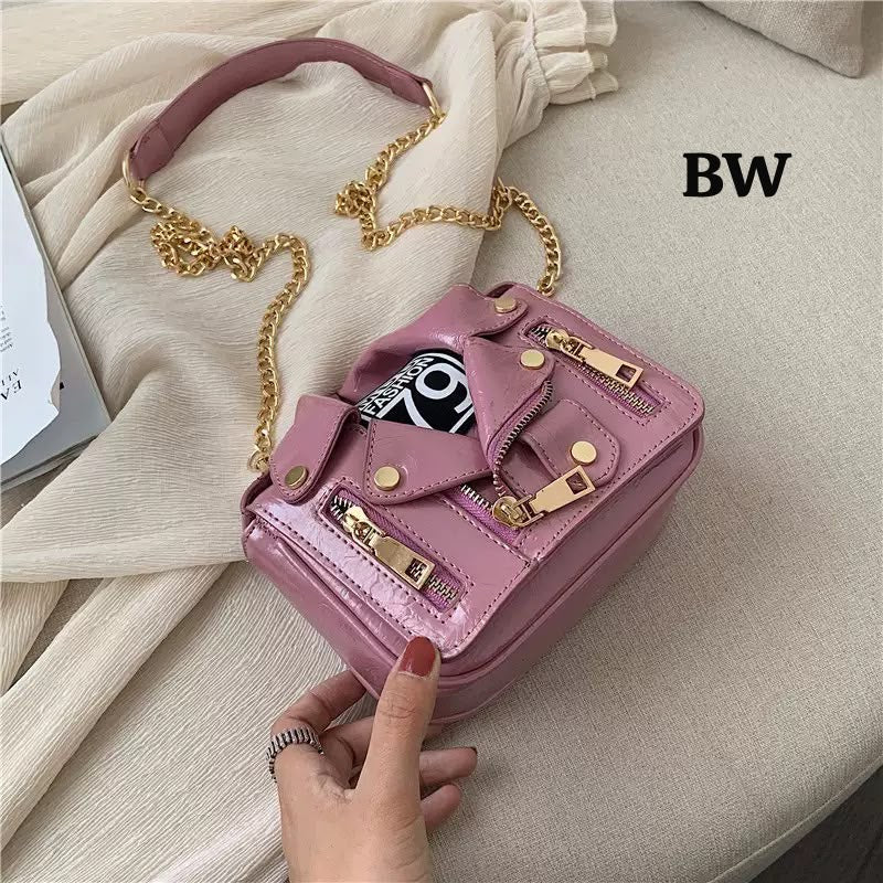 Biker Jacket Shaped Mini Shoulder Bag with Gold Chain