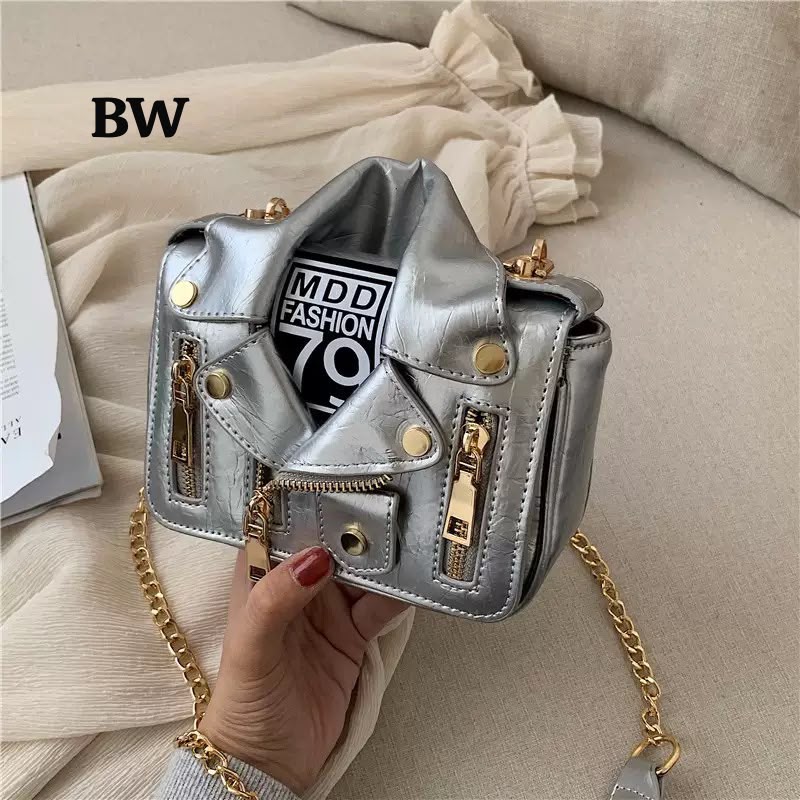 Biker Jacket Shaped Mini Shoulder Bag with Gold Chain
