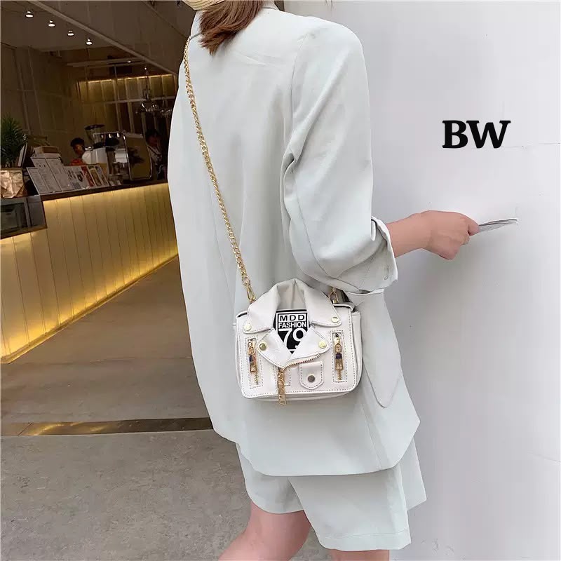 Biker Jacket Shaped Mini Shoulder Bag with Gold Chain