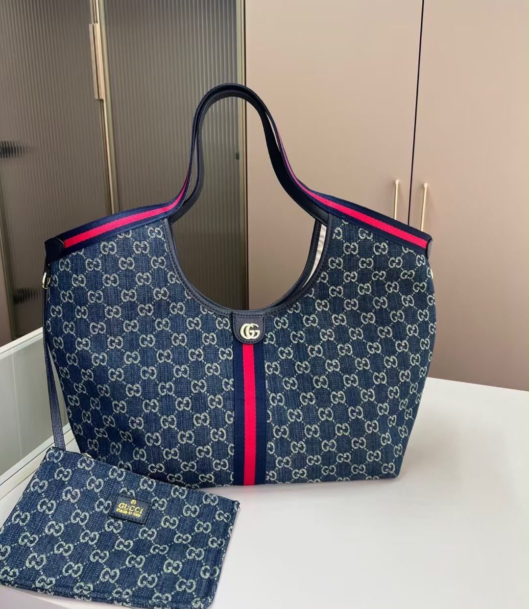 Guc_i Ophidia GG Blue Denim Tote Bag with Matching Pouch – Blue & Red Web