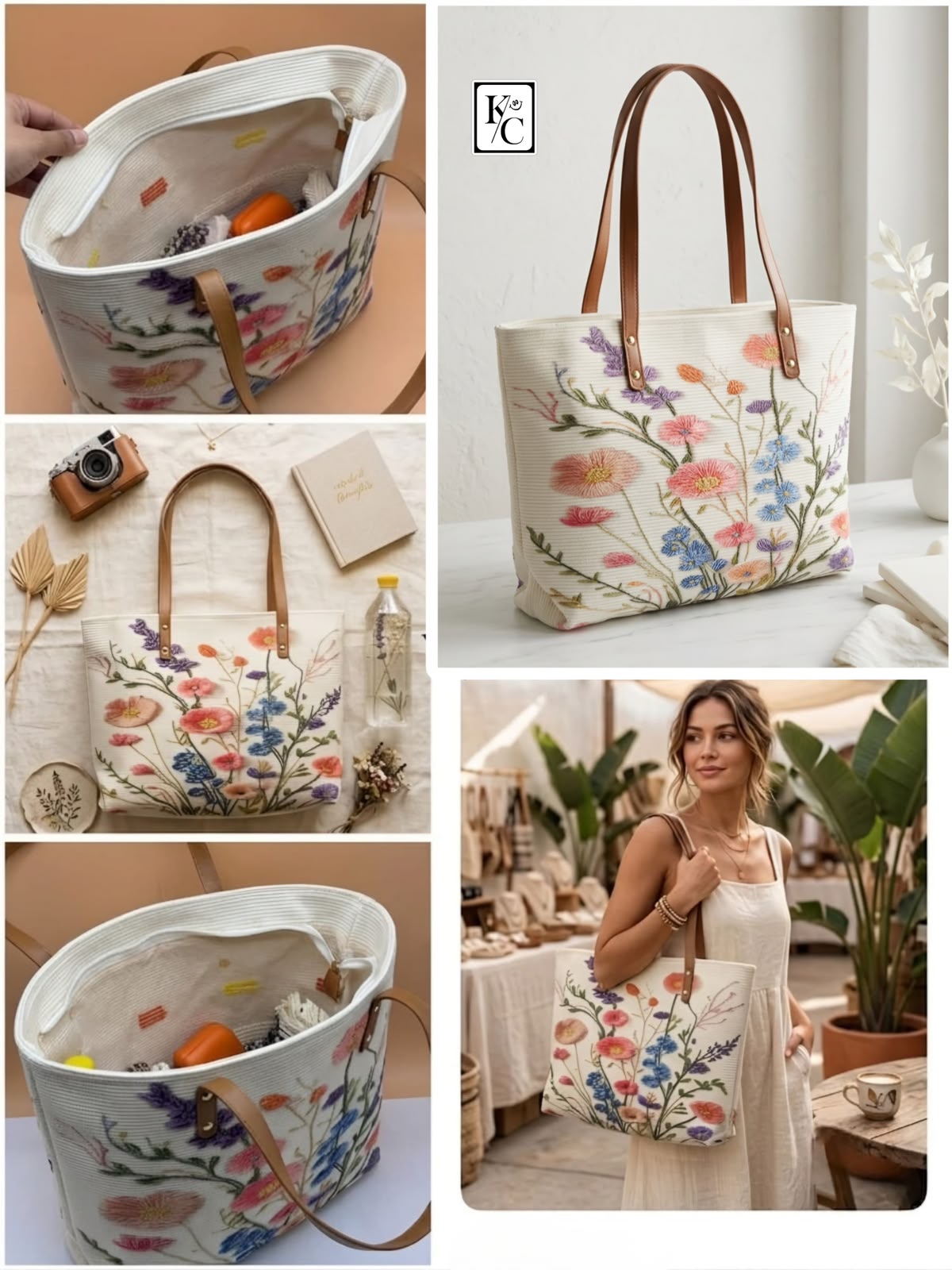 Wildflower Floral Embroidered Canvas Tote Bag