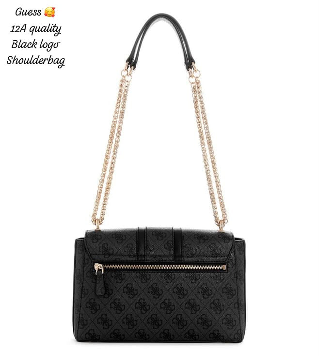 Gue_s Black Logo Flap Shoulder Bag with Chain Strap