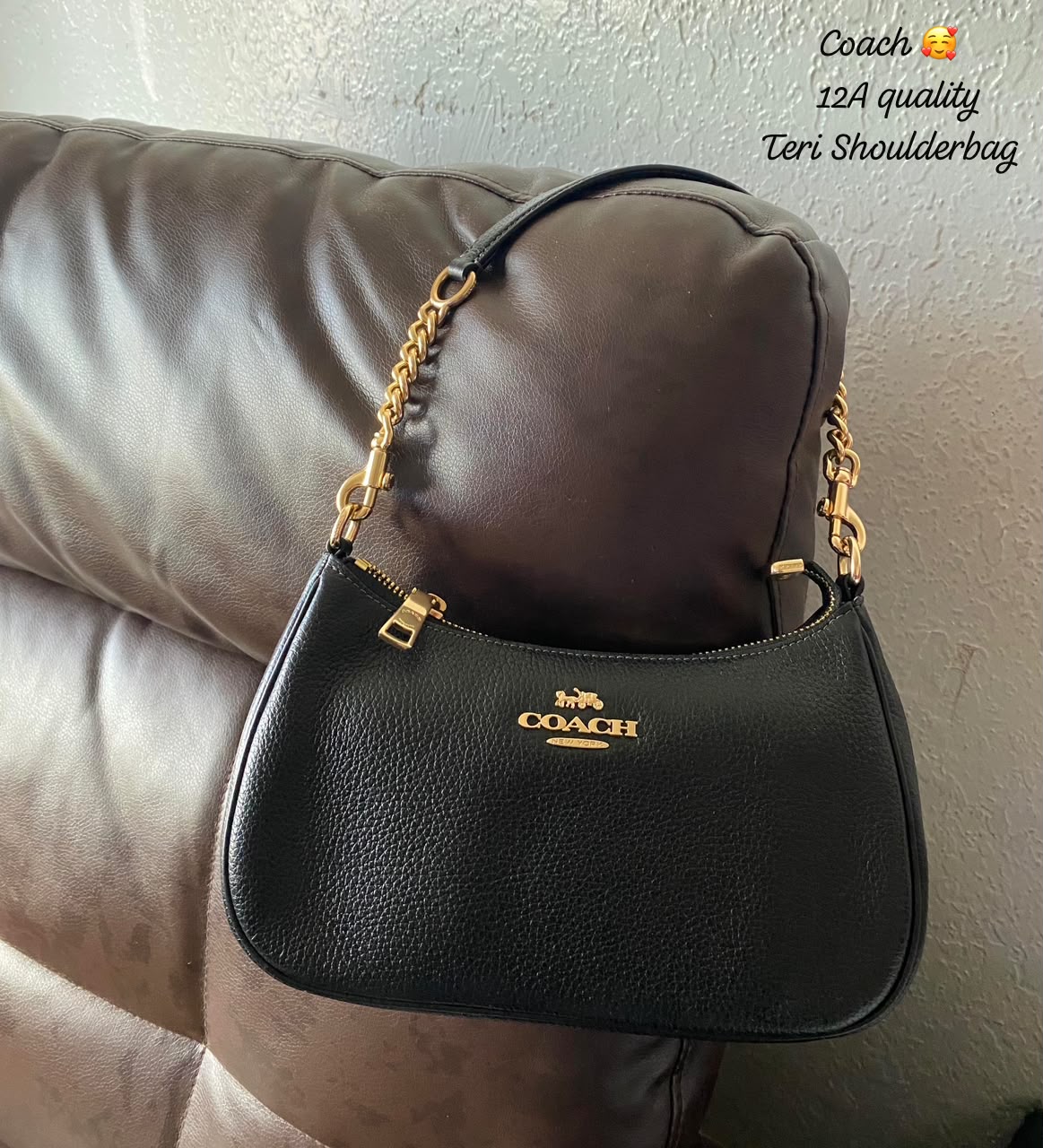 Coa_h Teri Shoulder Bag in Black Refined Pebble Leather