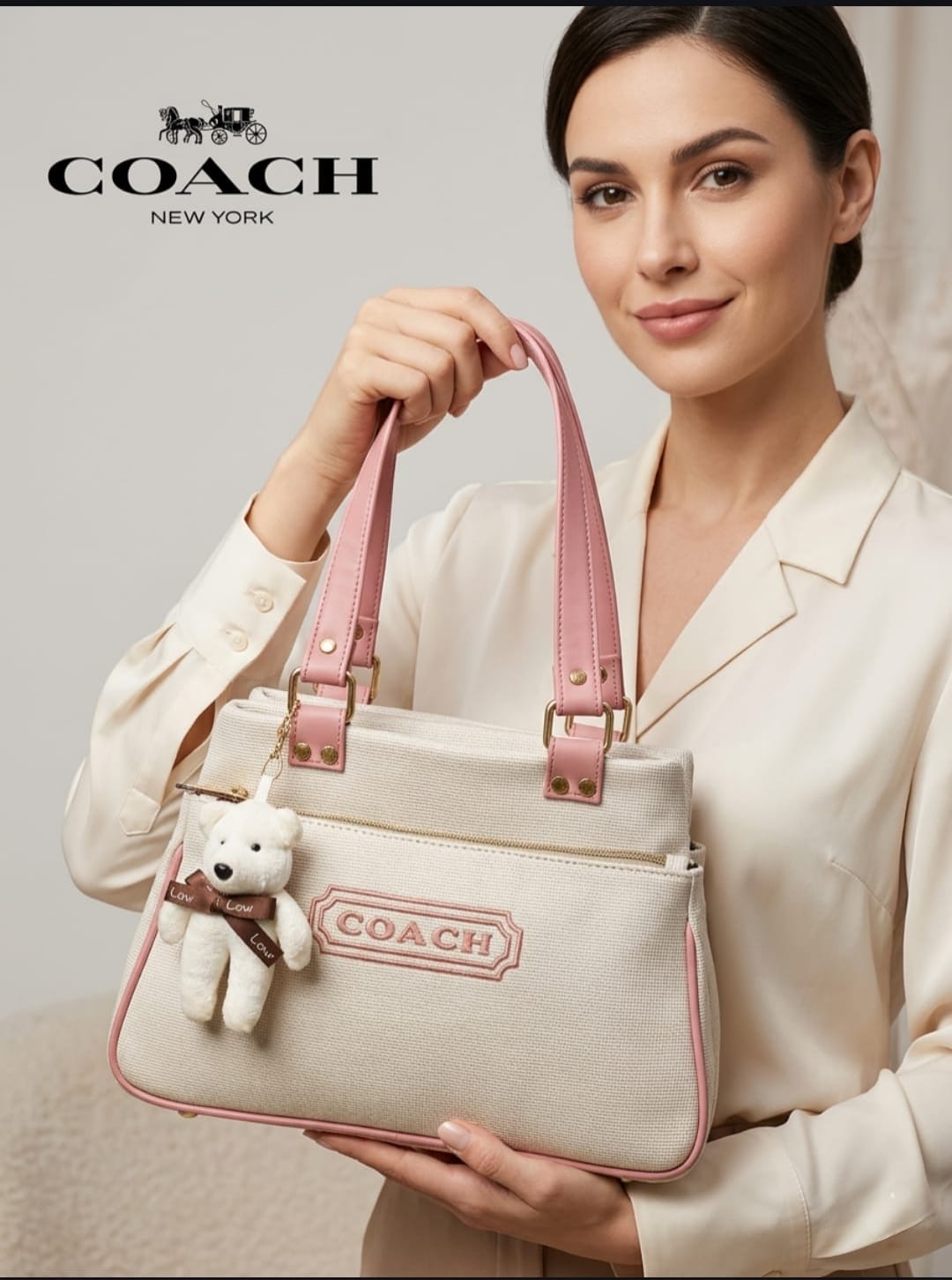 Coa_h Canvas Tote Bag with Pink Trim & Teddy Bear Keychain