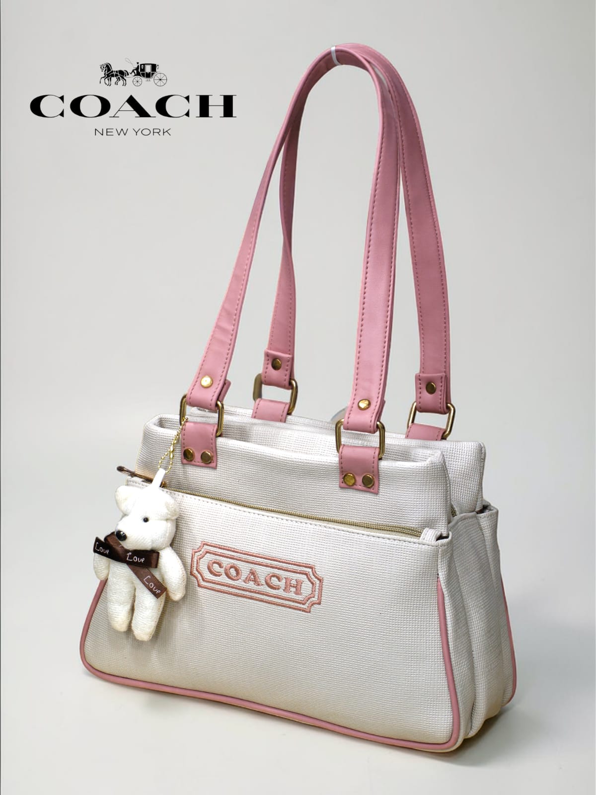 Coa_h Canvas Tote Bag with Pink Trim & Teddy Bear Keychain