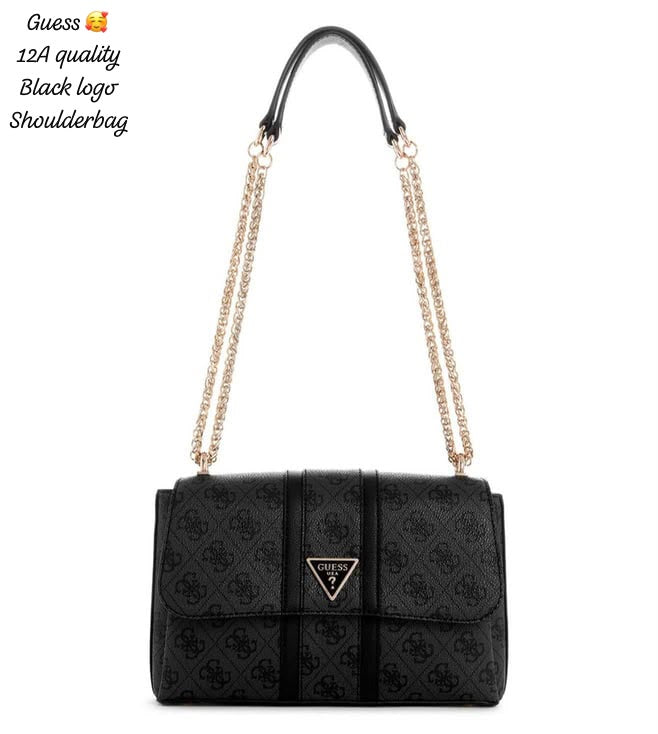 Gue_s Black Logo Flap Shoulder Bag with Chain Strap
