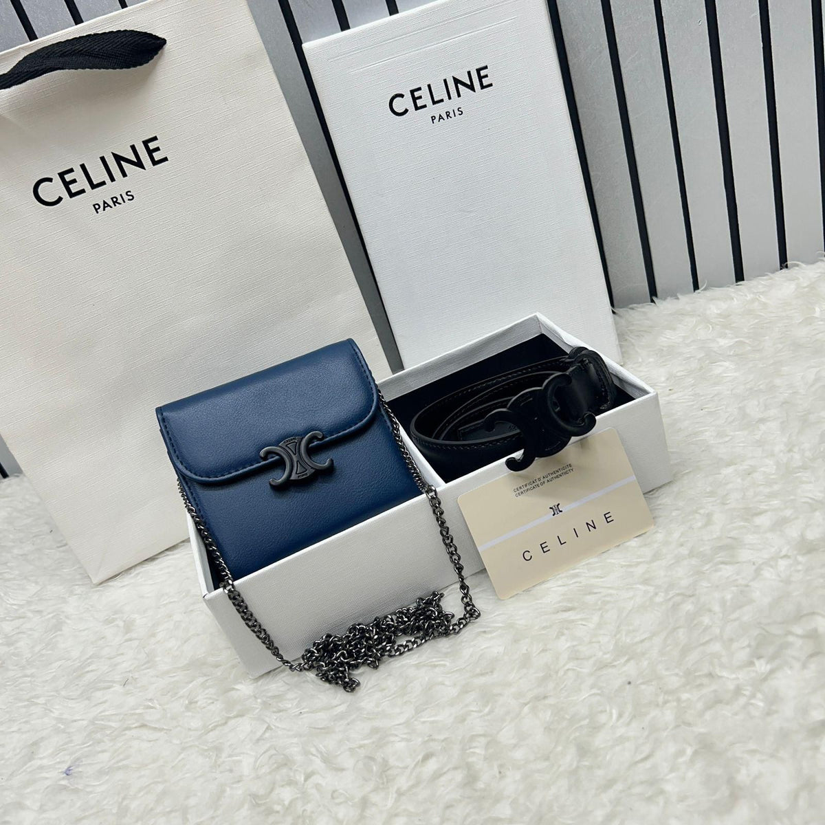 Cel_ne Triomphe Leather Chain Wallet & Belt Gift Set – Navy Blue