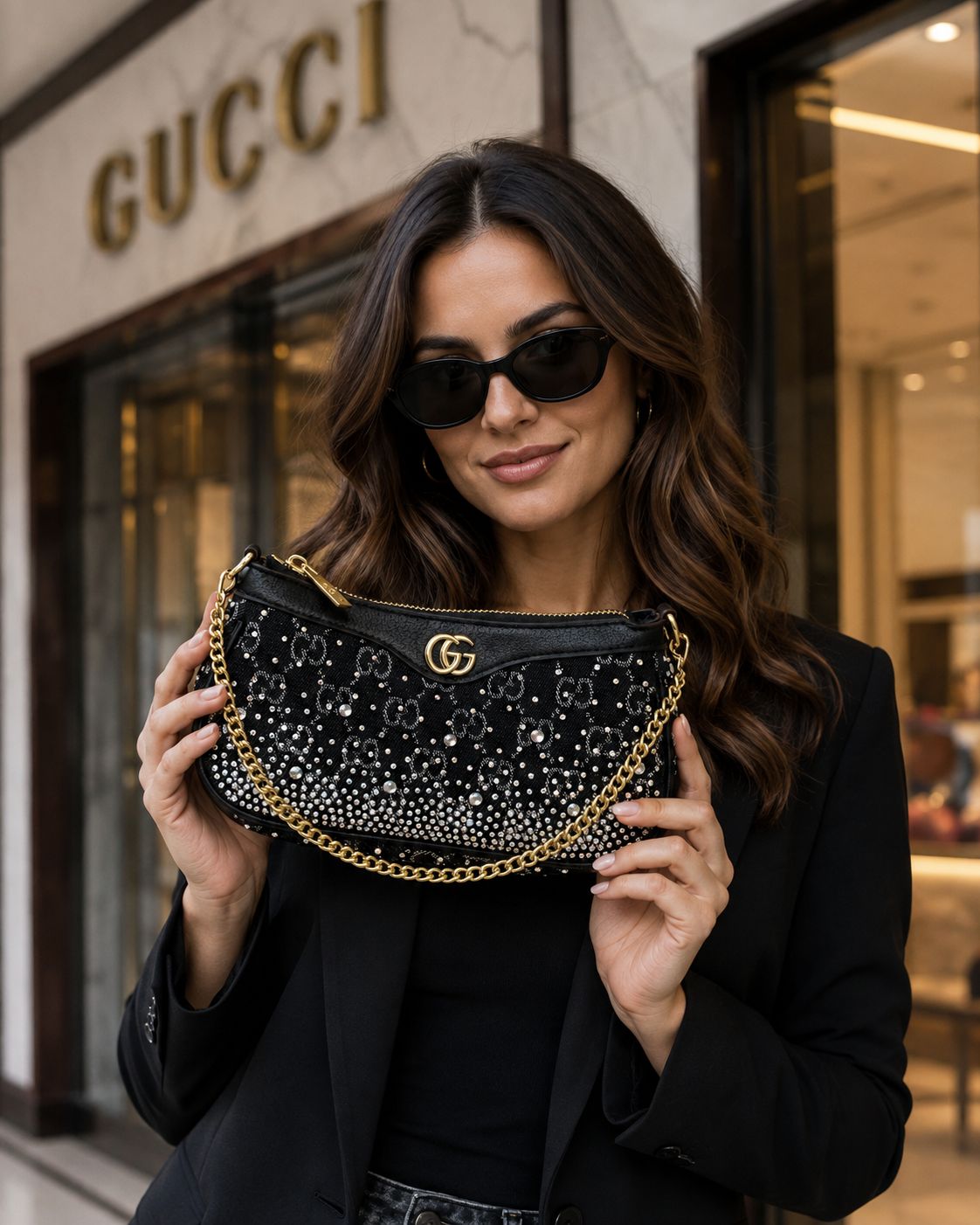 Guc_i Black Sling Bag With Diamond