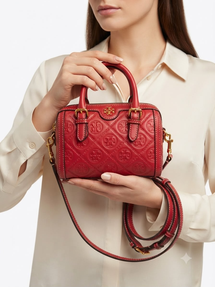 To_y Burch Mini Embossed Leather Duffle Crossbody Bag with Top Handles