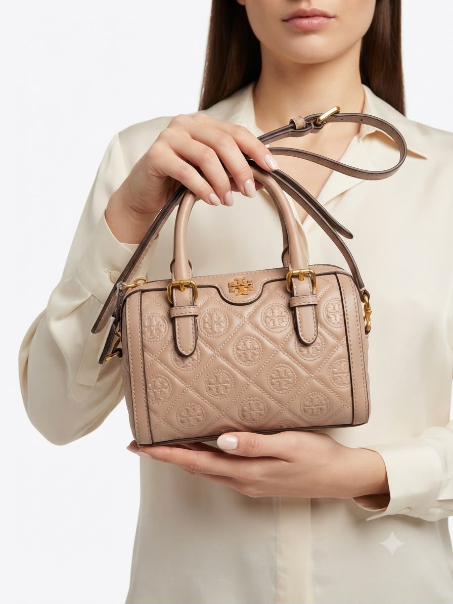 To_y Burch Mini Embossed Leather Duffle Crossbody Bag with Top Handles