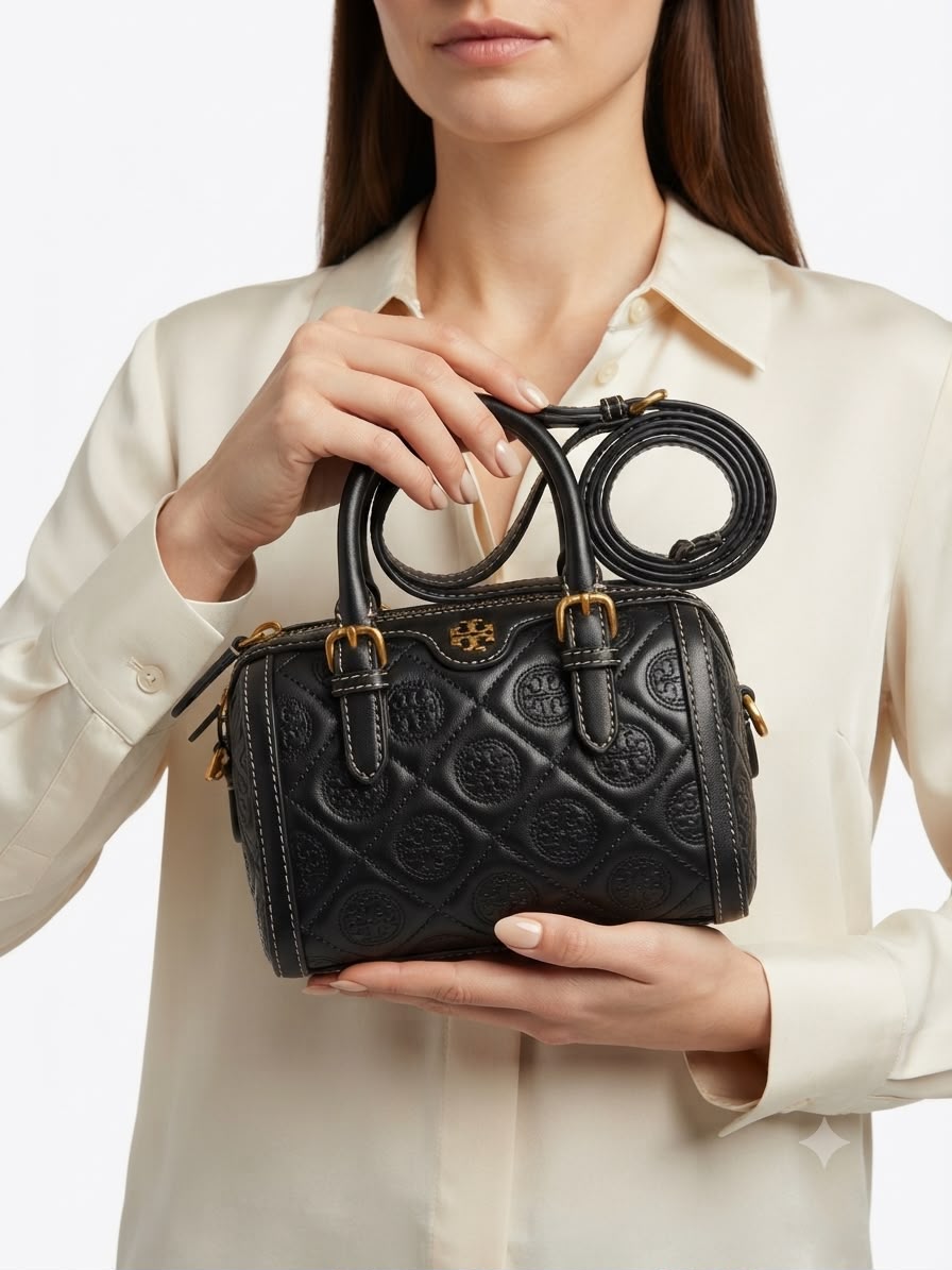 To_y Burch Mini Embossed Leather Duffle Crossbody Bag with Top Handles