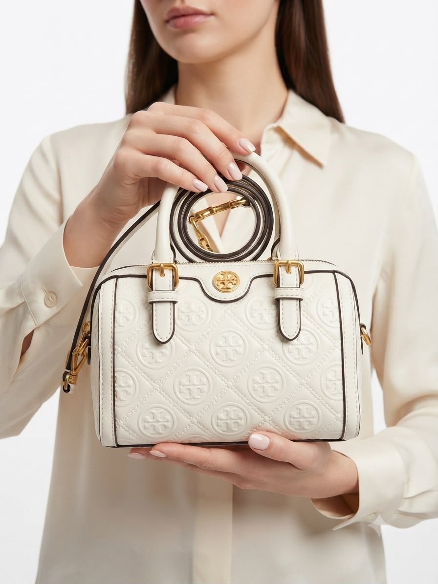 To_y Burch Mini Embossed Leather Duffle Crossbody Bag with Top Handles